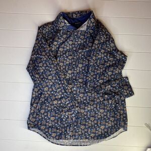 Bugatchi Julian Mens‎ Shirt Floral Blue Button Down Comfort Stretch Evening